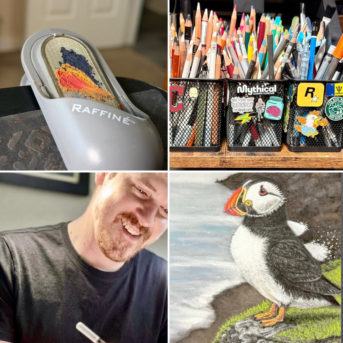 A collage showing the artist's colored pencils, drawing tools, a puffin artwork in progress, and the artist smiling at his desk