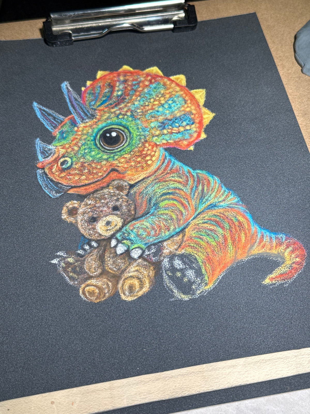 Baby Triceratops • Hand Drawn Pastel Pencil Illustration • Glass Ornament • 3.5"