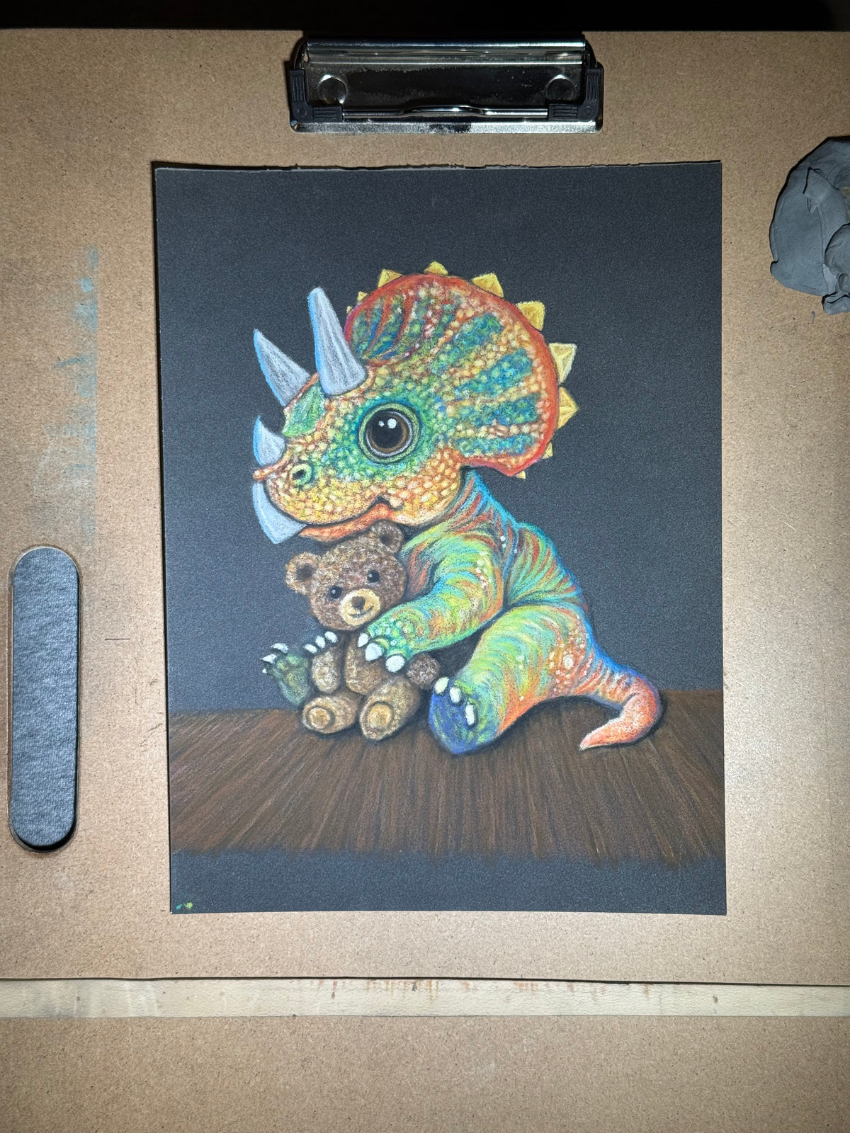 Baby Triceratops • Hand Drawn Pastel Pencil Illustration • Glass Ornament • 3.5"