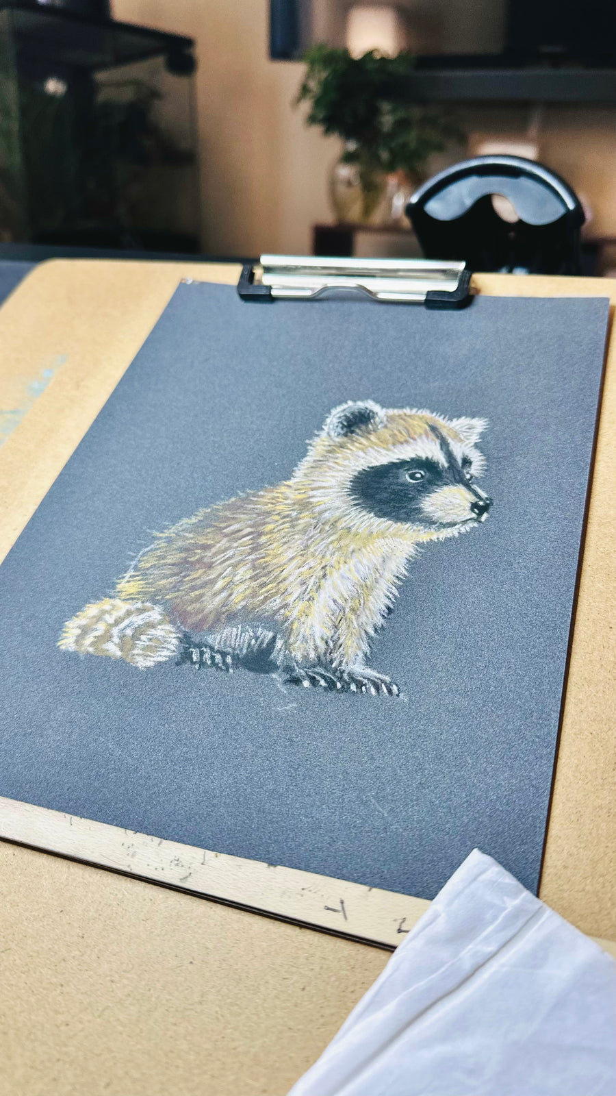 Baby Raccoon • Hand Drawn Pastel Pencil Illustration • Glass Ornament • 3.5"