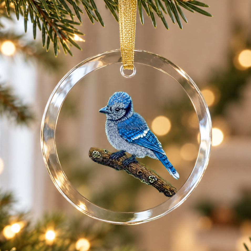 Blue Jay • Hand Drawn Pastel Pencil Illustration • Glass Ornament • 3.5"