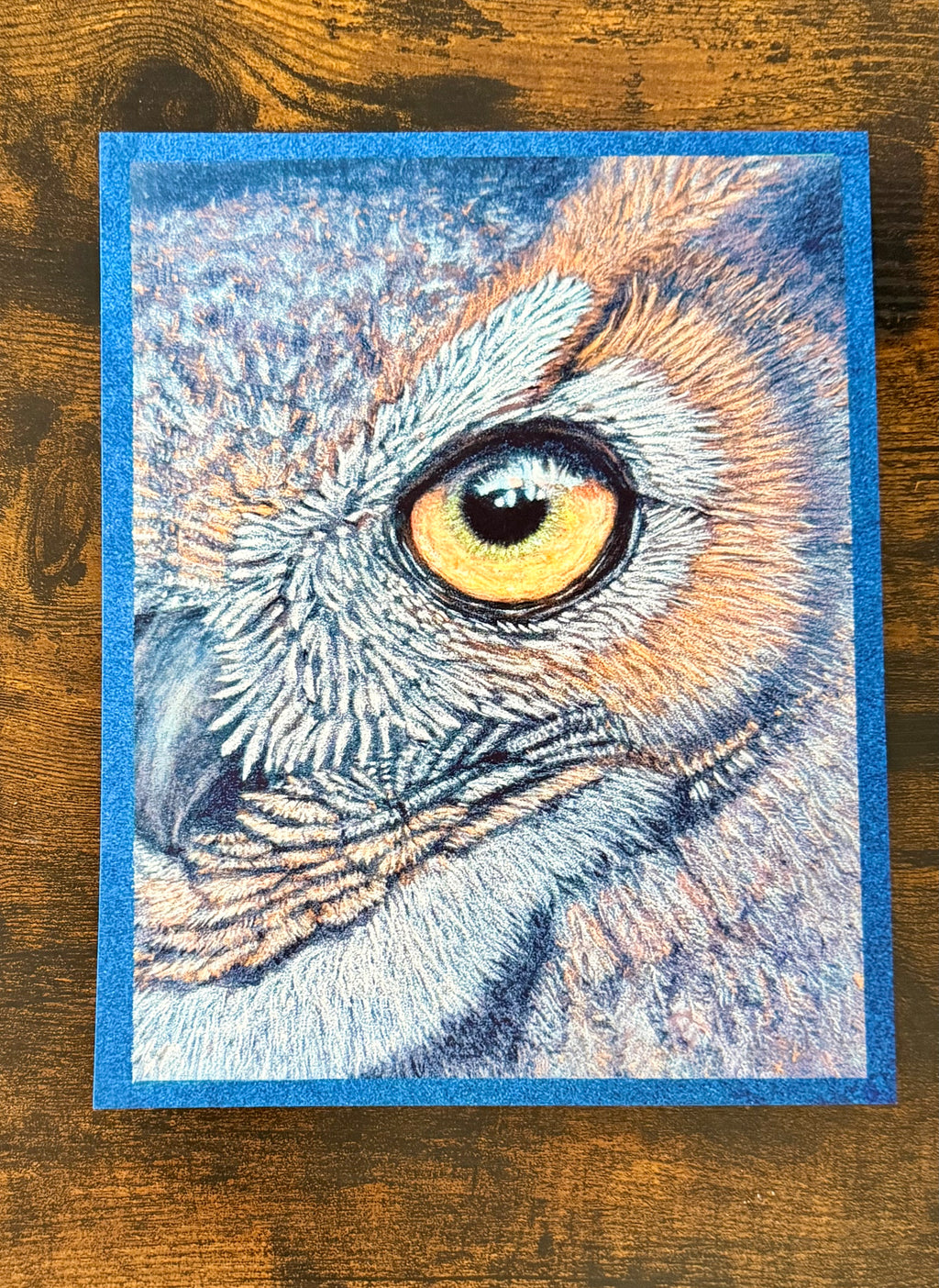 Hand drawn pastel pencil drawing of a great horned owl eye, 8x10 limited edition fine art print