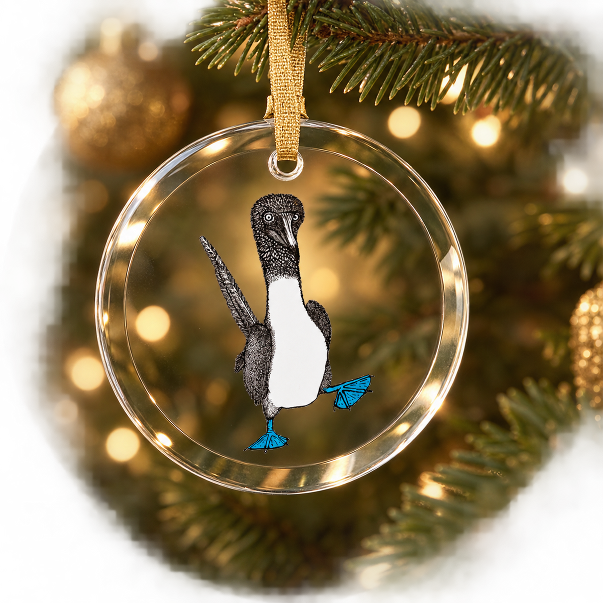 Blue Footed Booby • Hand Drawn Ink Illustration • Glass Ornament • 3.5"