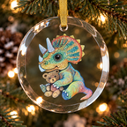 Baby Triceratops • Hand Drawn Pastel Pencil Illustration • Glass Ornament • 3.5"