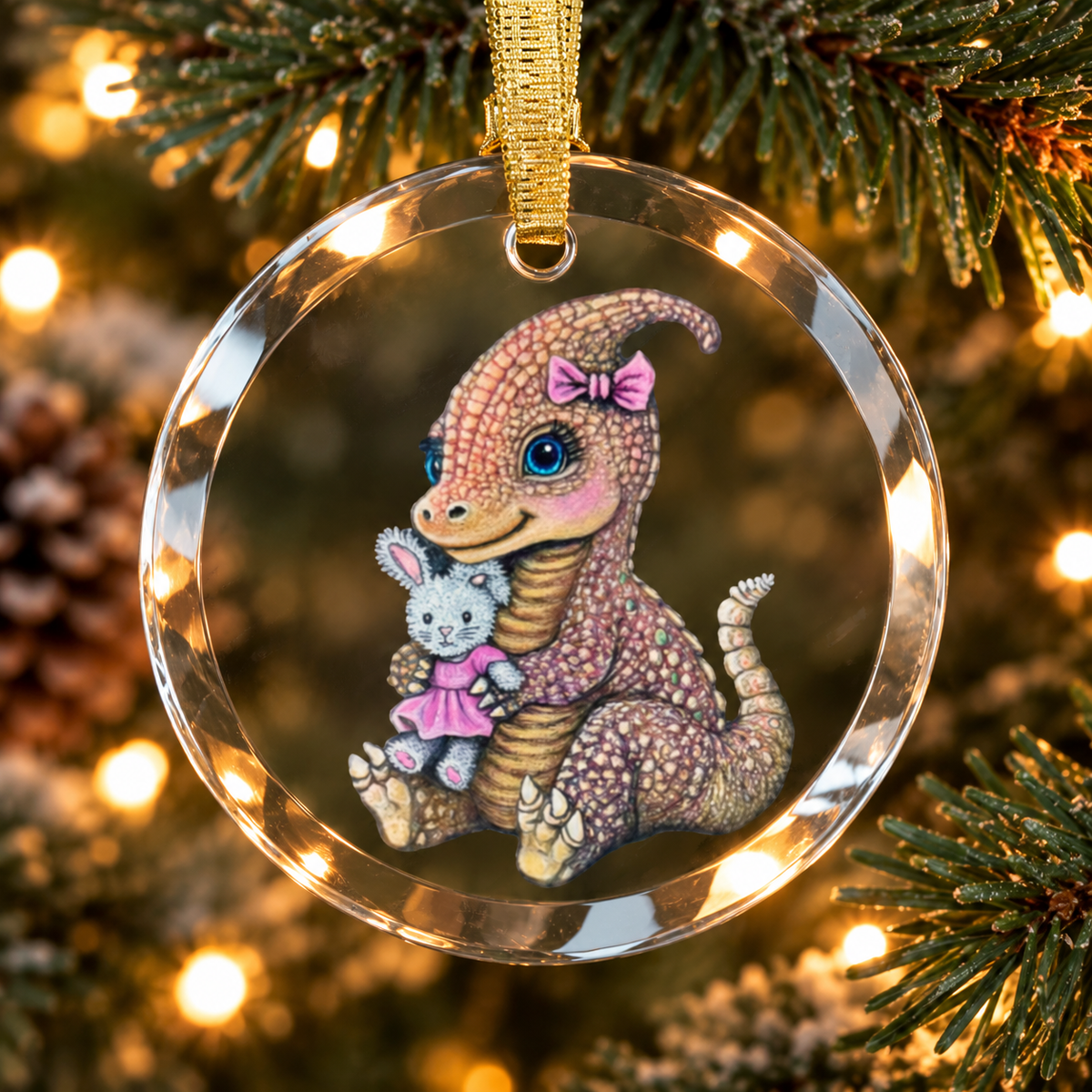 Lady Dino • Hand Drawn Pastel Pencil Illustration • Glass Ornament • 3.5"