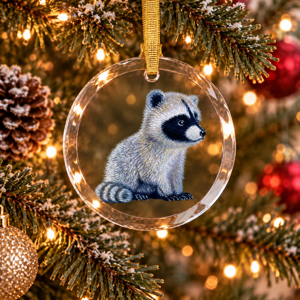 Baby Raccoon • Hand Drawn Pastel Pencil Illustration • Glass Ornament • 3.5"