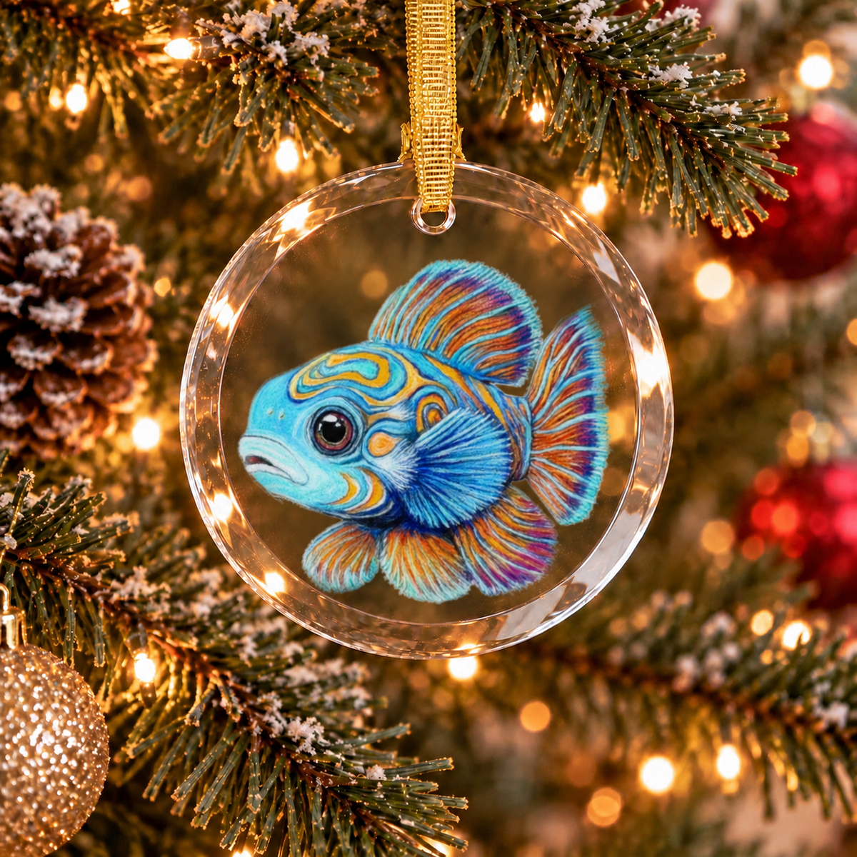 Mandarin Fish • Hand Drawn Pastel Pencil Illustration • Glass Ornament • 3.5"