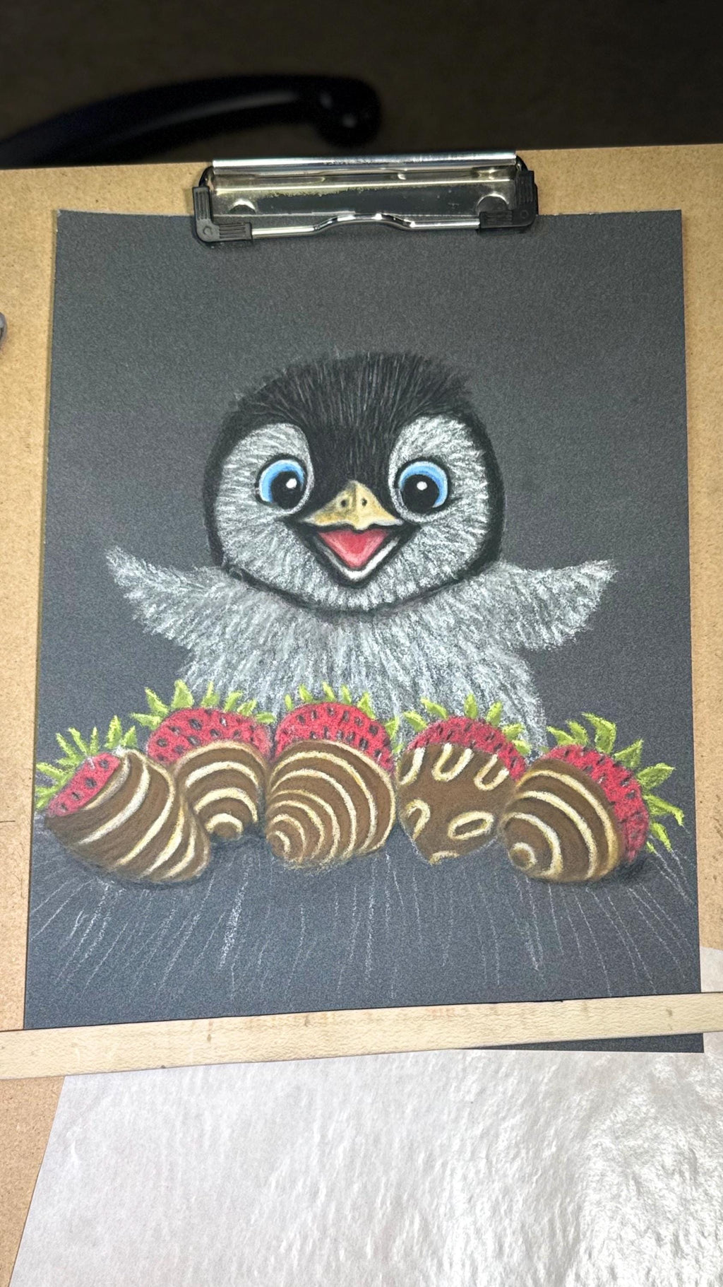Baby Penguin With Chocolate Covered Strawberries Hand Drawn Pastel Pencil Art Print Limited Edition 8x10 - aGuyWithMSthatDraws
