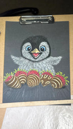 Baby Penguin With Chocolate Covered Strawberries Hand Drawn Pastel Pencil Art Print Limited Edition 8x10 - aGuyWithMSthatDraws