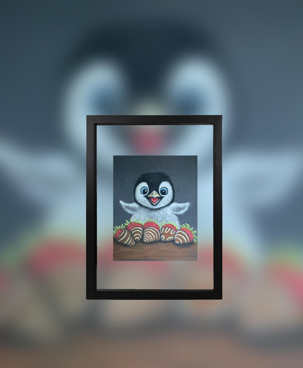 Baby Penguin With Chocolate Covered Strawberries Hand Drawn Pastel Pencil Art Print Limited Edition 8x10 - aGuyWithMSthatDraws