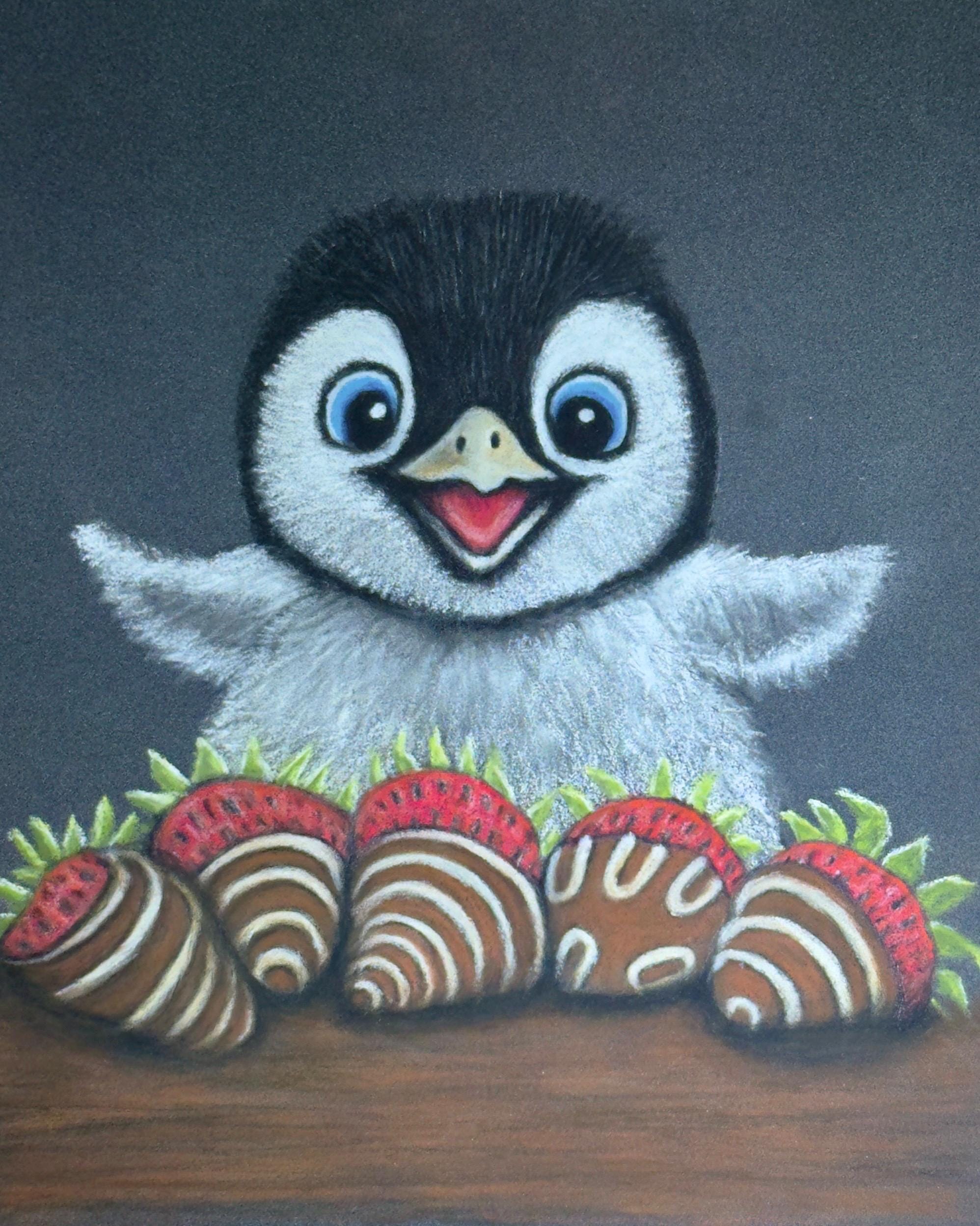 Baby Penguin With Chocolate Covered Strawberries Hand Drawn Pastel Pencil Art Print Limited Edition 8x10 - aGuyWithMSthatDraws