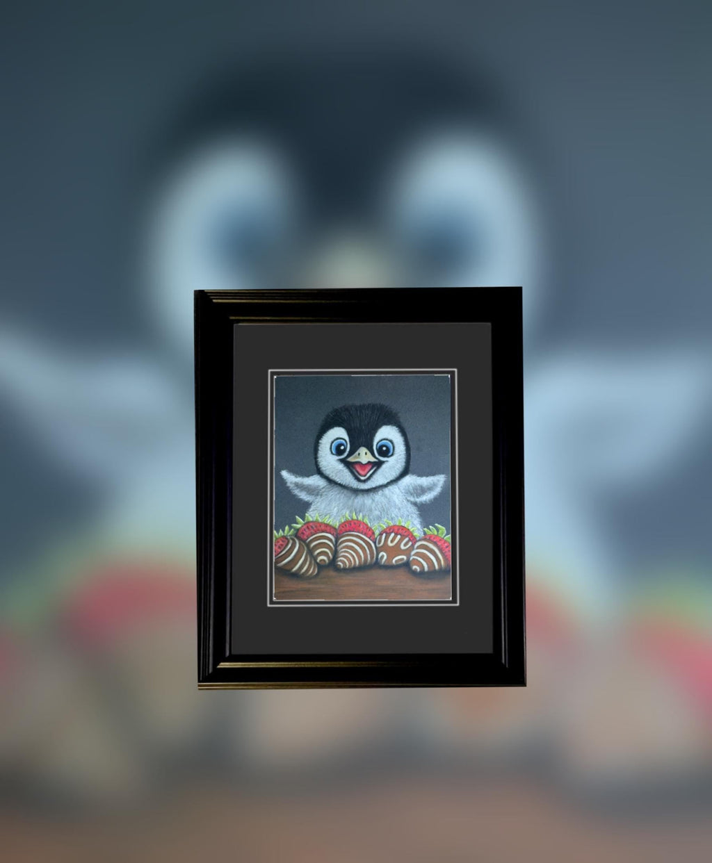 Baby Penguin With Chocolate Covered Strawberries Hand Drawn Pastel Pencil Art Print Limited Edition 8x10 - aGuyWithMSthatDraws