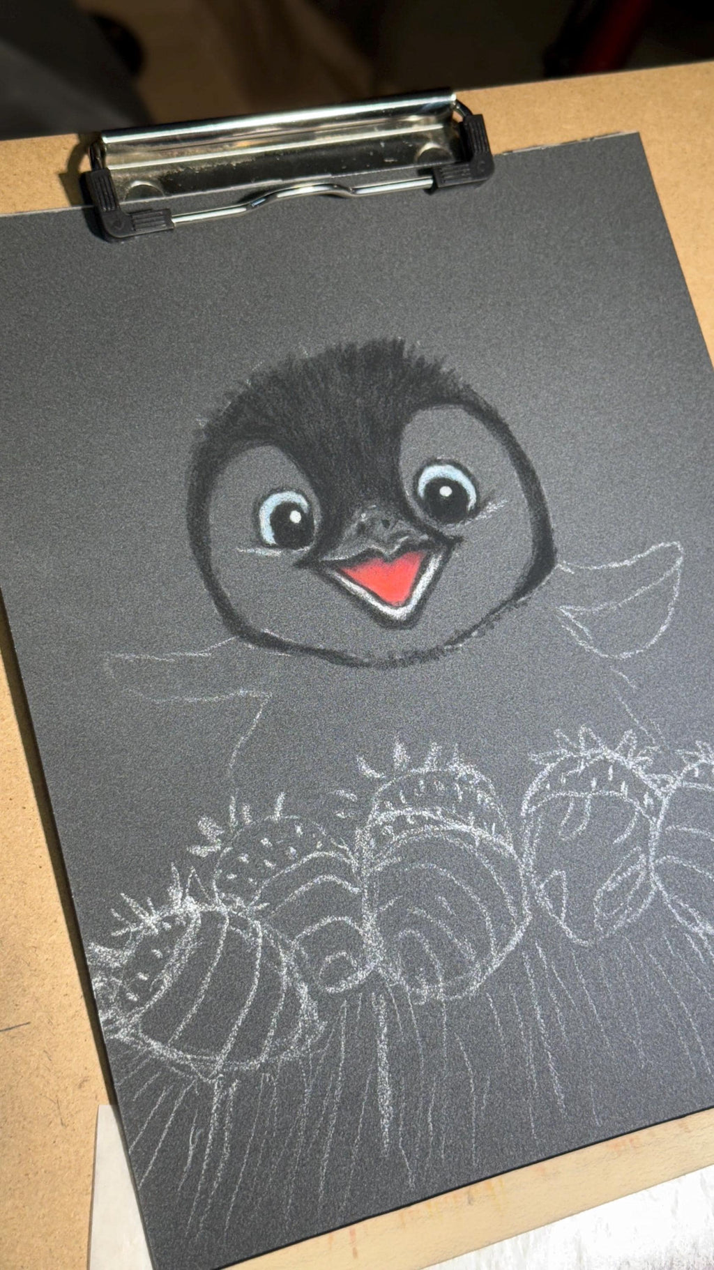 Baby Penguin With Chocolate Covered Strawberries Hand Drawn Pastel Pencil Art Print Limited Edition 8x10 - aGuyWithMSthatDraws