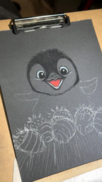 Baby Penguin With Chocolate Covered Strawberries Hand Drawn Pastel Pencil Art Print Limited Edition 8x10 - aGuyWithMSthatDraws