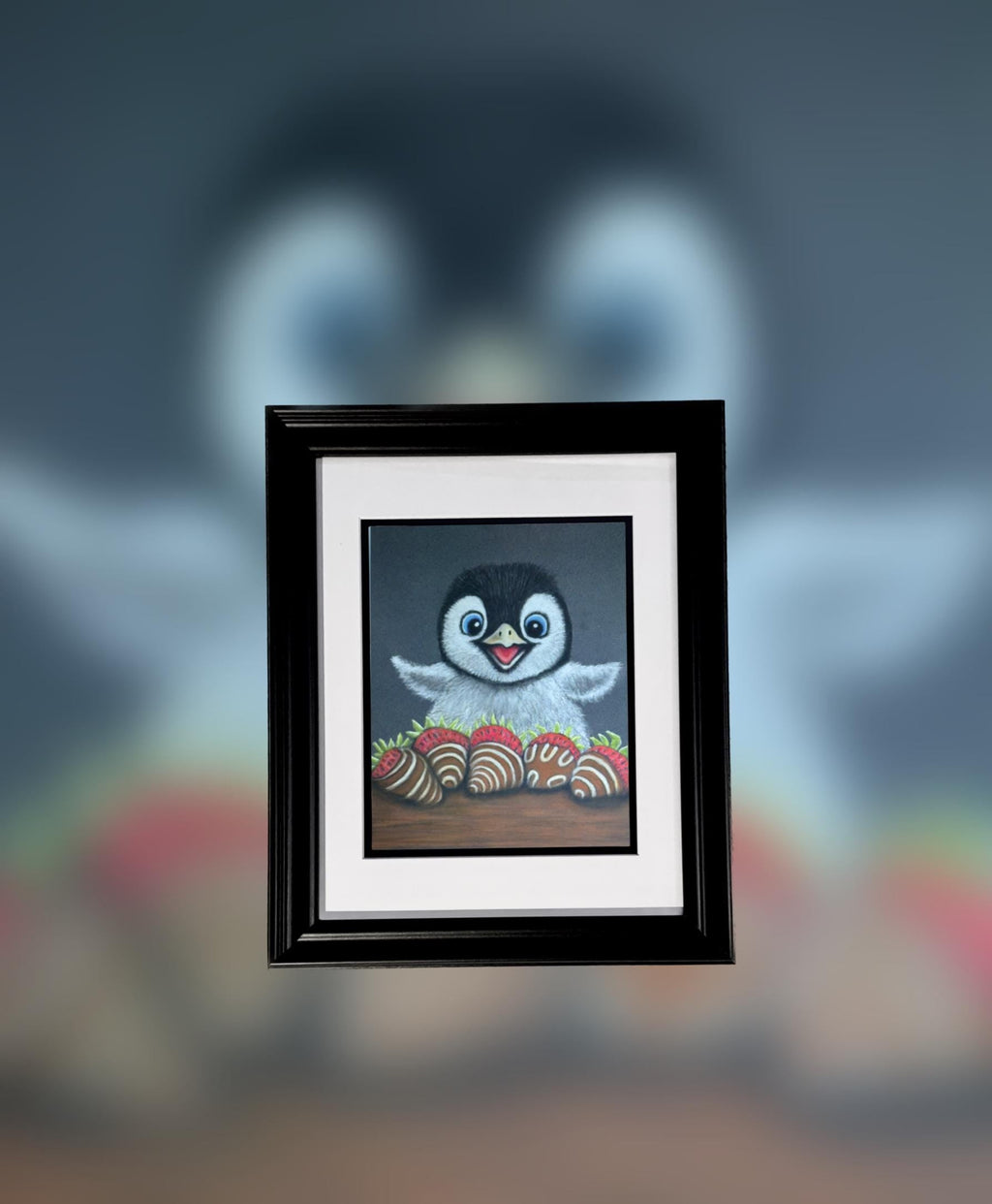 Baby Penguin With Chocolate Covered Strawberries Hand Drawn Pastel Pencil Art Print Limited Edition 8x10 - aGuyWithMSthatDraws