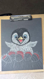Baby Penguin With Chocolate Covered Strawberries Hand Drawn Pastel Pencil Art Print Limited Edition 8x10 - aGuyWithMSthatDraws
