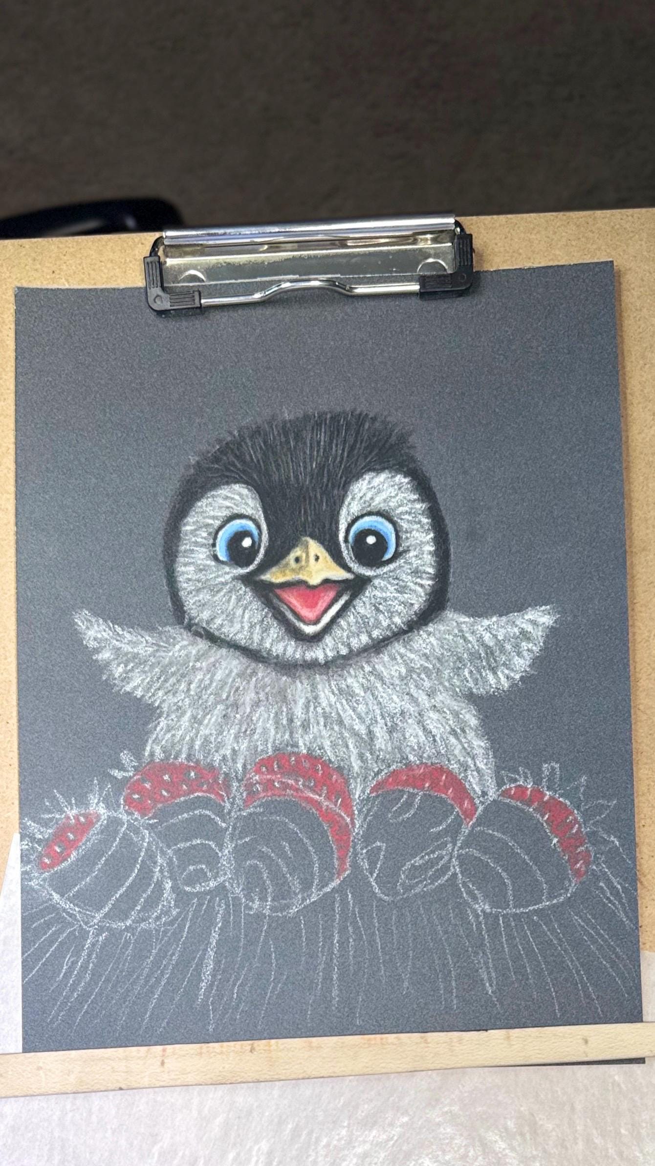 Baby Penguin With Chocolate Covered Strawberries Hand Drawn Pastel Pencil Art Print Limited Edition 8x10 - aGuyWithMSthatDraws