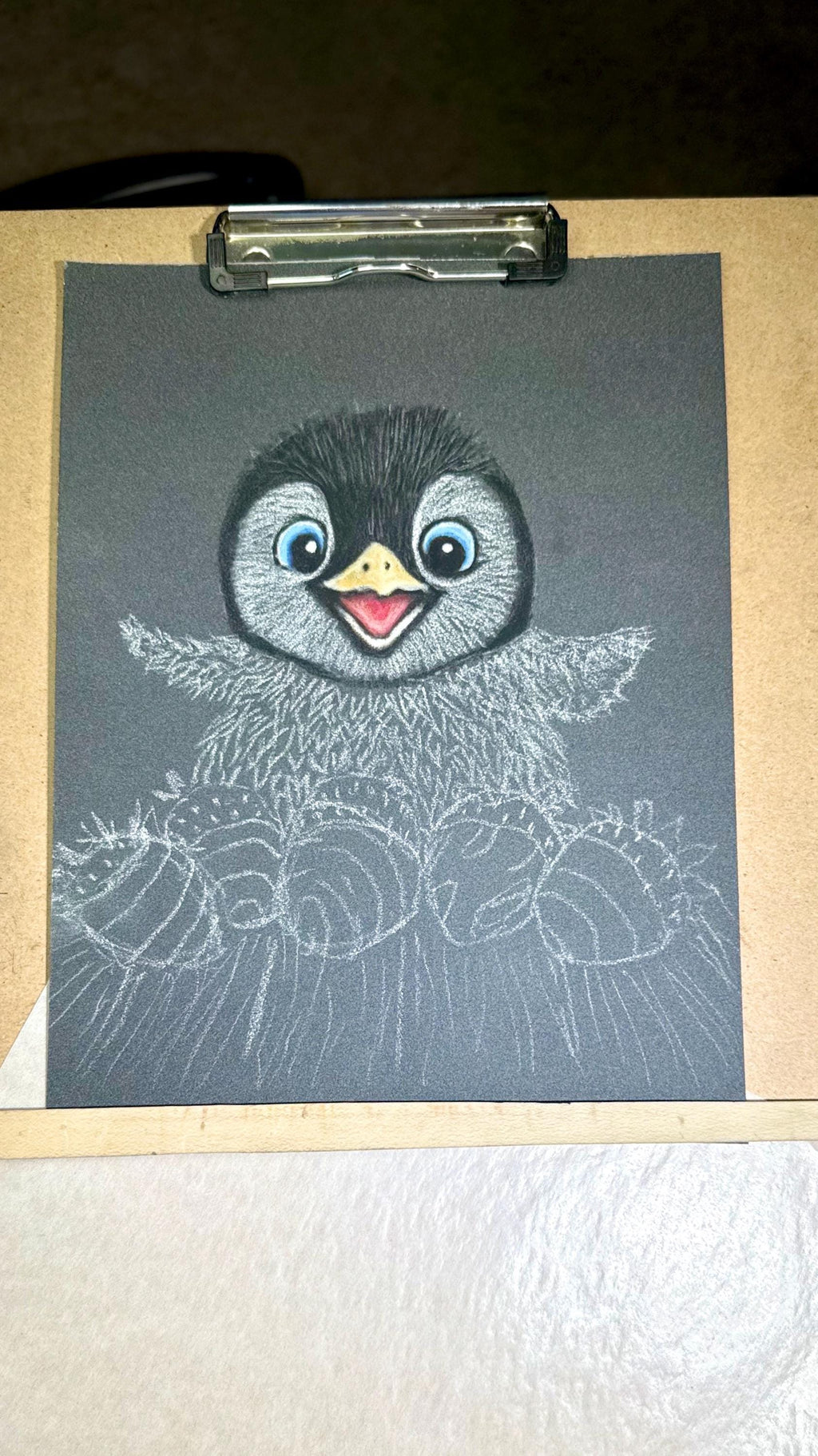 Baby Penguin With Chocolate Covered Strawberries Hand Drawn Pastel Pencil Art Print Limited Edition 8x10 - aGuyWithMSthatDraws