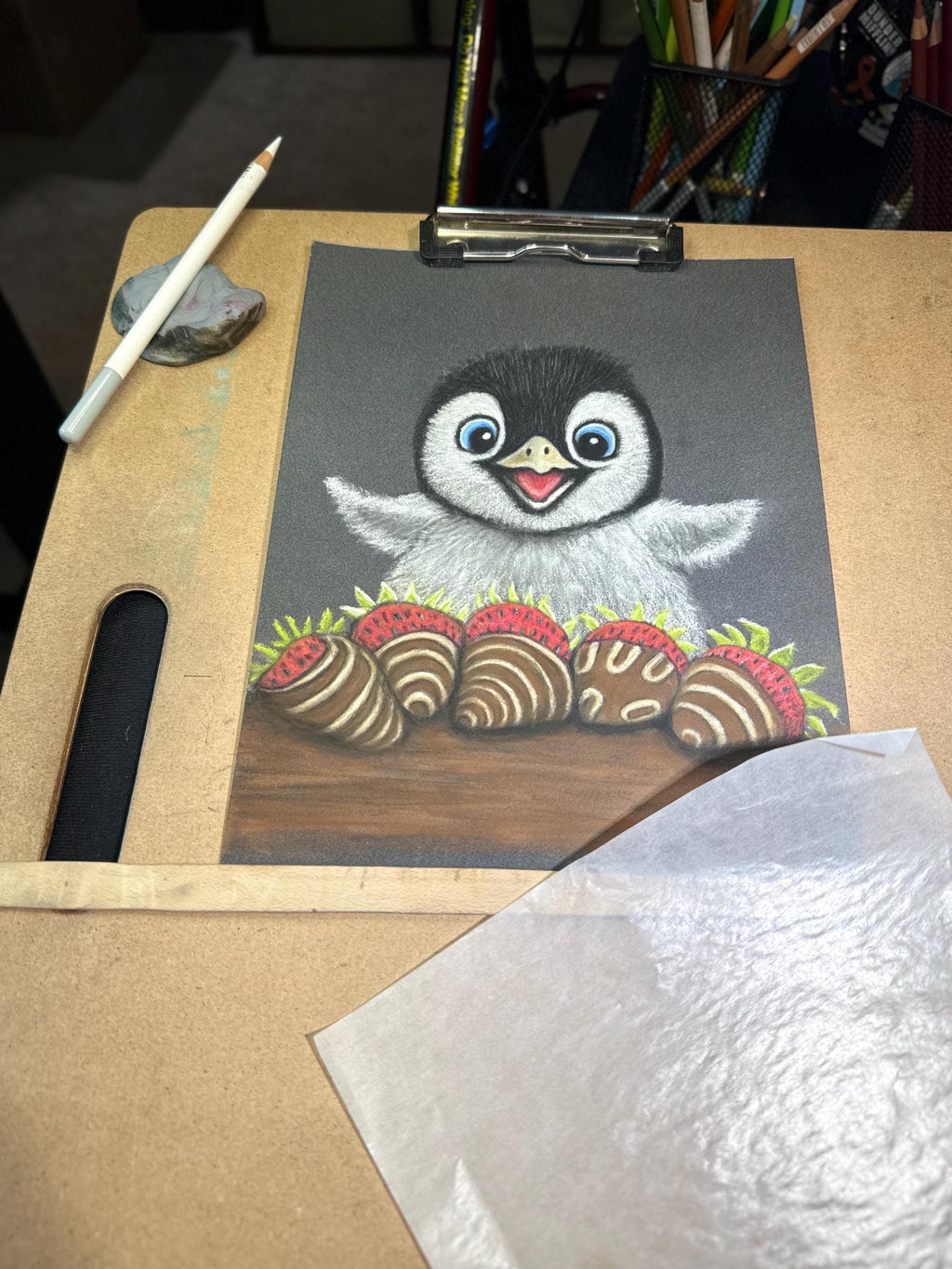 Baby Penguin With Chocolate Covered Strawberries Hand Drawn Pastel Pencil Art Print Limited Edition 8x10 - aGuyWithMSthatDraws