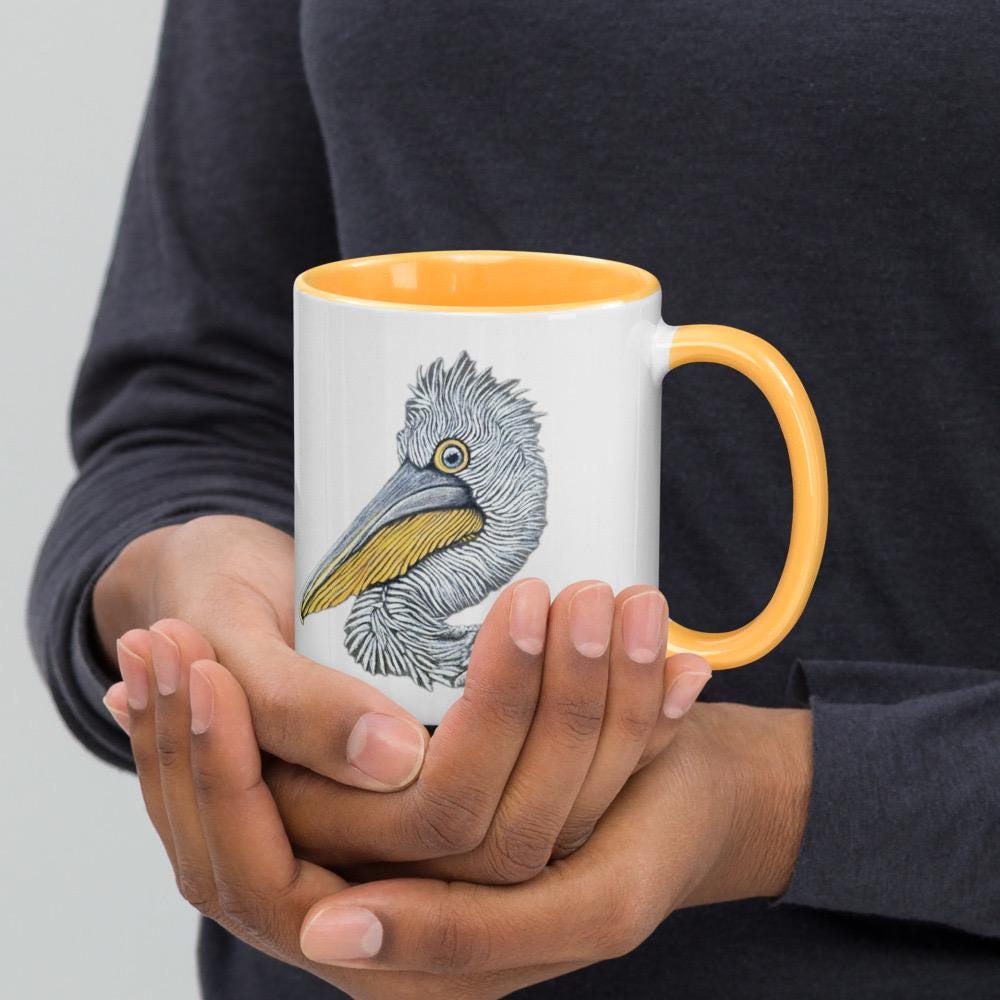 Be You Pelican Mug Whimsical Animal Art Cup Hand Drawn With Pastel Pencil Detail Colorful Handle And Interior Ceramic - aGuyWithMSthatDraws