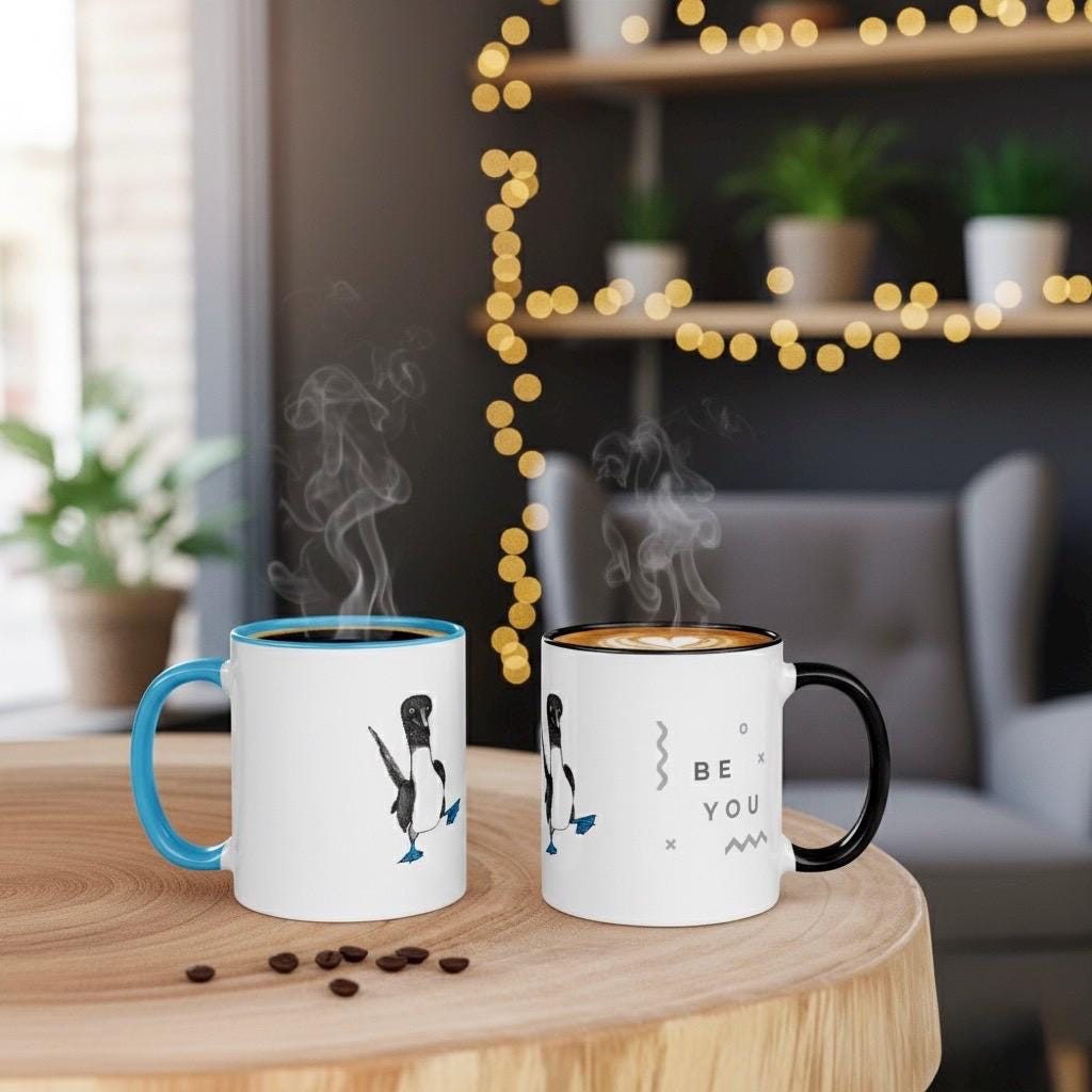 Blue Footed Booby Ceramic Mug 11 Oz Bird Art Coffee Cup With Colorful Handle And Interior Be You Collection - aGuyWithMSthatDraws
