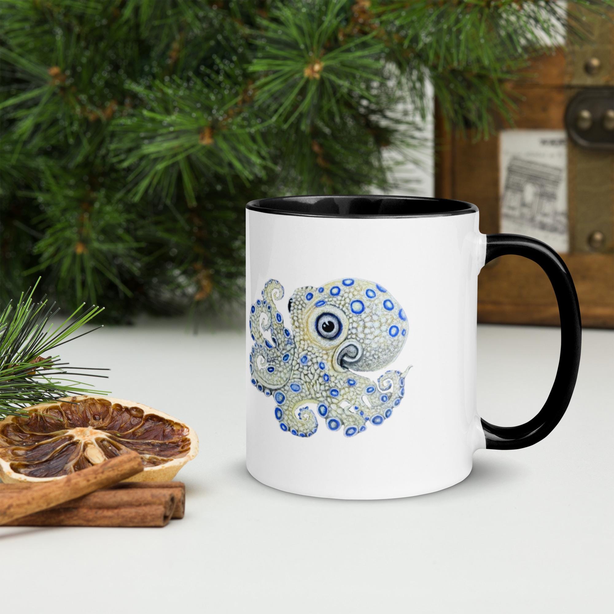 Blue Ringed Octopus Mug Hand Drawn Ocean Art Coffee Cup For Marine Life Lovers Ceramic Drinkware - aGuyWithMSthatDraws