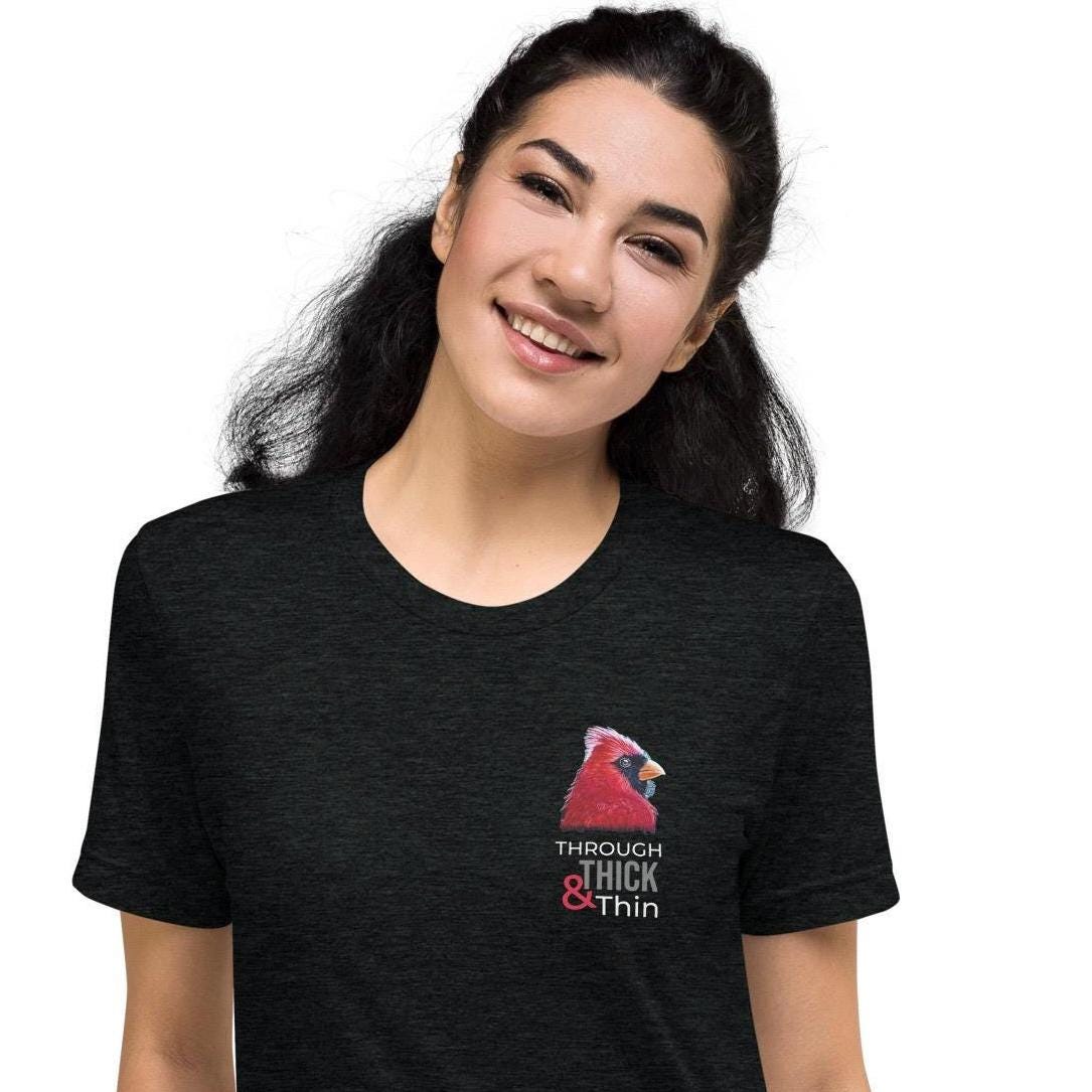 Cardinal MS Awareness Shirt With Red Ribbon Design For Multiple Sclerosis Support And Through Thick And Thin - aGuyWithMSthatDraws