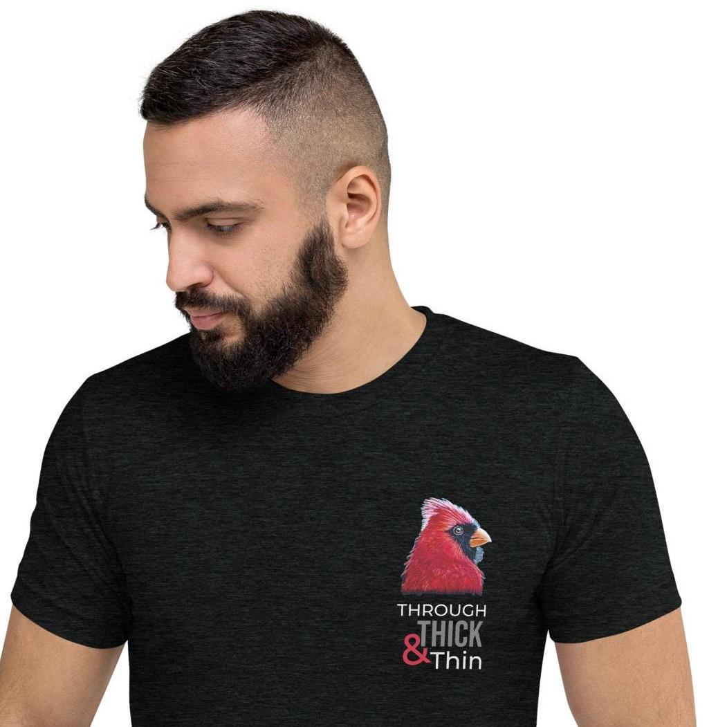 Cardinal MS Awareness Shirt With Red Ribbon Design For Multiple Sclerosis Support And Through Thick And Thin - aGuyWithMSthatDraws