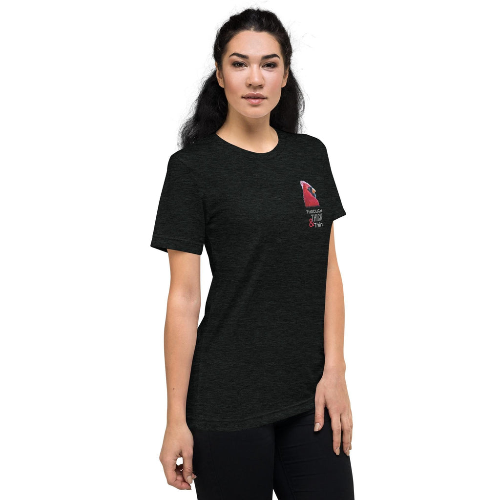 Cardinal MS Awareness Shirt With Red Ribbon Design For Multiple Sclerosis Support And Through Thick And Thin - aGuyWithMSthatDraws