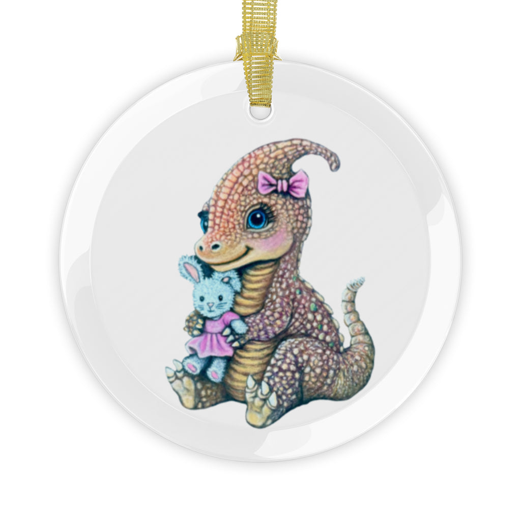 Lady Dino glass ornament with a hand drawn pastel pencil Parasaurolophus wearing a pink bow and holding a stuffed bunny