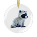 3.5 inch glass ornament with my hand drawn pastel pencil baby raccoon, Jimothy, and a gold ribbon