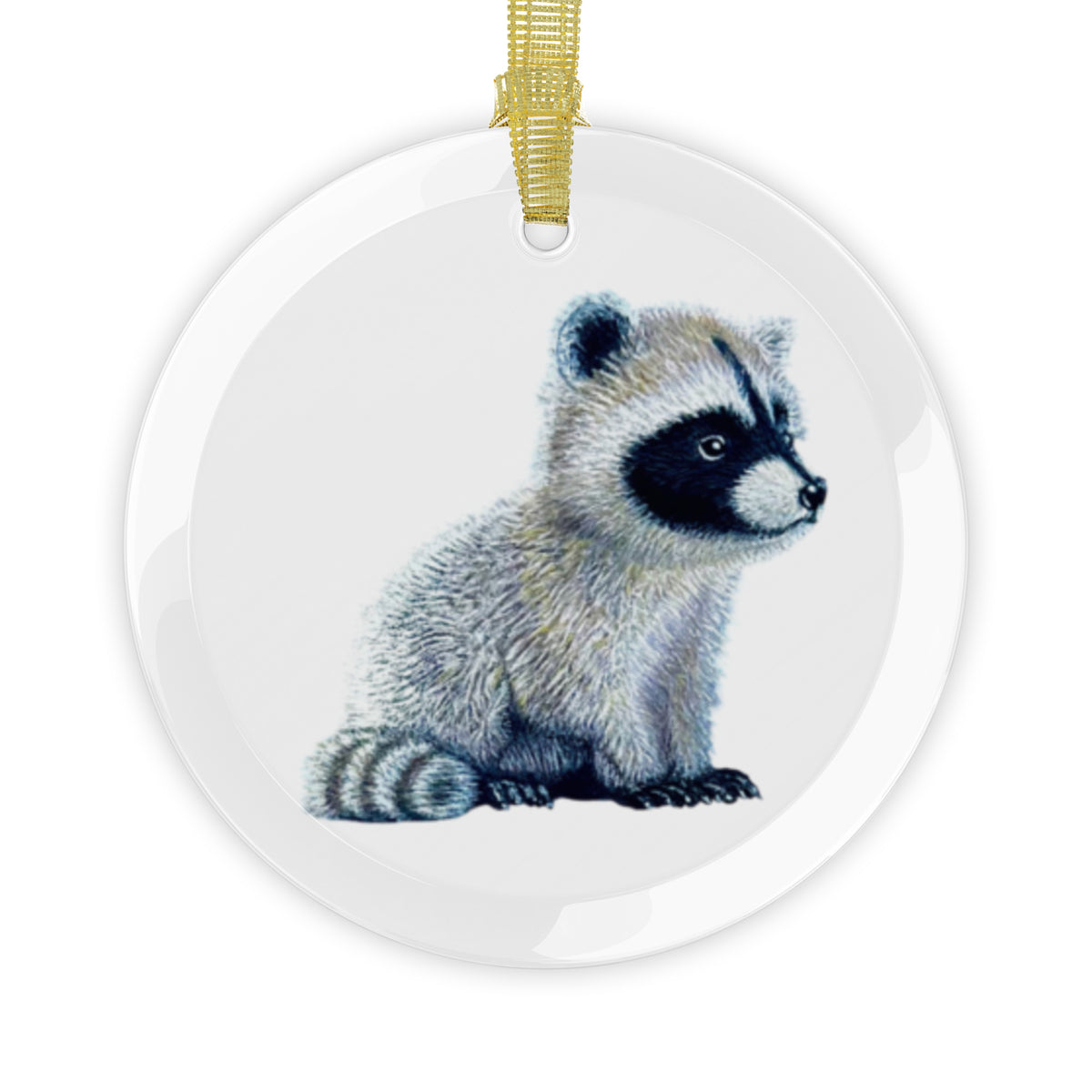 3.5 inch glass ornament with my hand drawn pastel pencil baby raccoon, Jimothy, and a gold ribbon