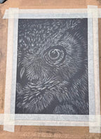 Great horned owl eye pastel pencil drawing, close view of the artwork