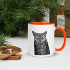 Horned Owl Mug Hand Drawn Ink Art Coffee Cup Featuring Great Horned Owl Black And White Illustration With Glowing Eyes - aGuyWithMSthatDraws