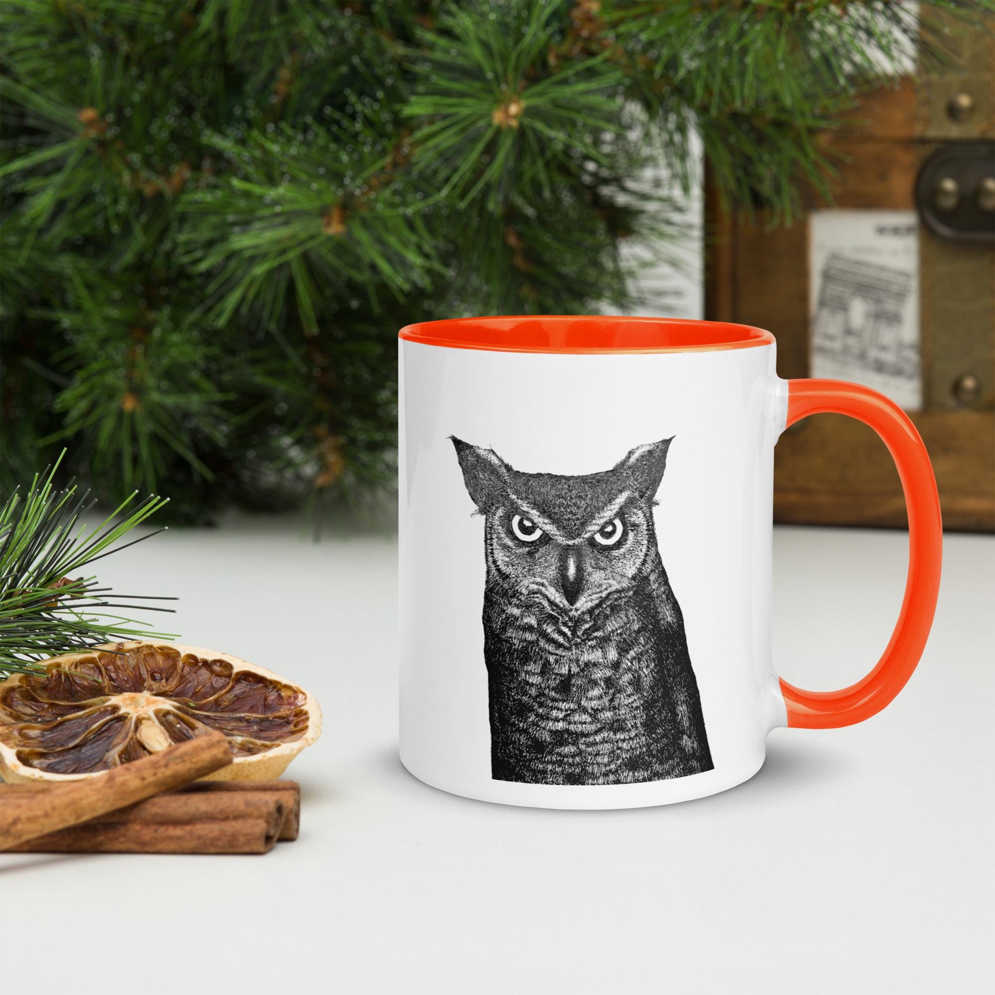 Horned Owl Mug Hand Drawn Ink Art Coffee Cup Featuring Great Horned Owl Black And White Illustration With Glowing Eyes - aGuyWithMSthatDraws