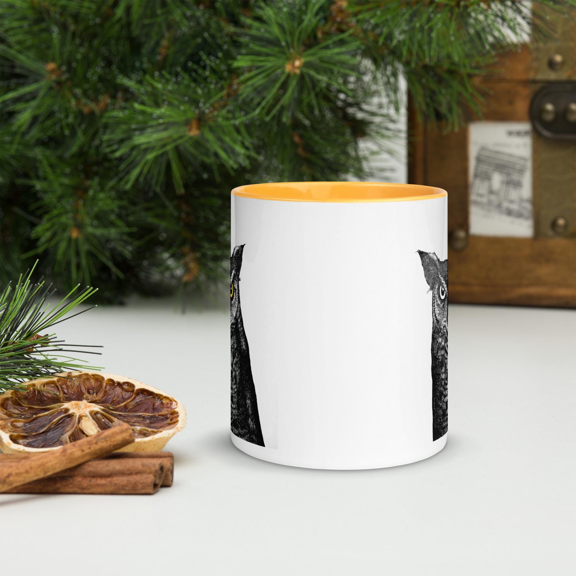 Horned Owl Mug Hand Drawn Ink Art Coffee Cup Featuring Great Horned Owl Black And White Illustration With Glowing Eyes - aGuyWithMSthatDraws