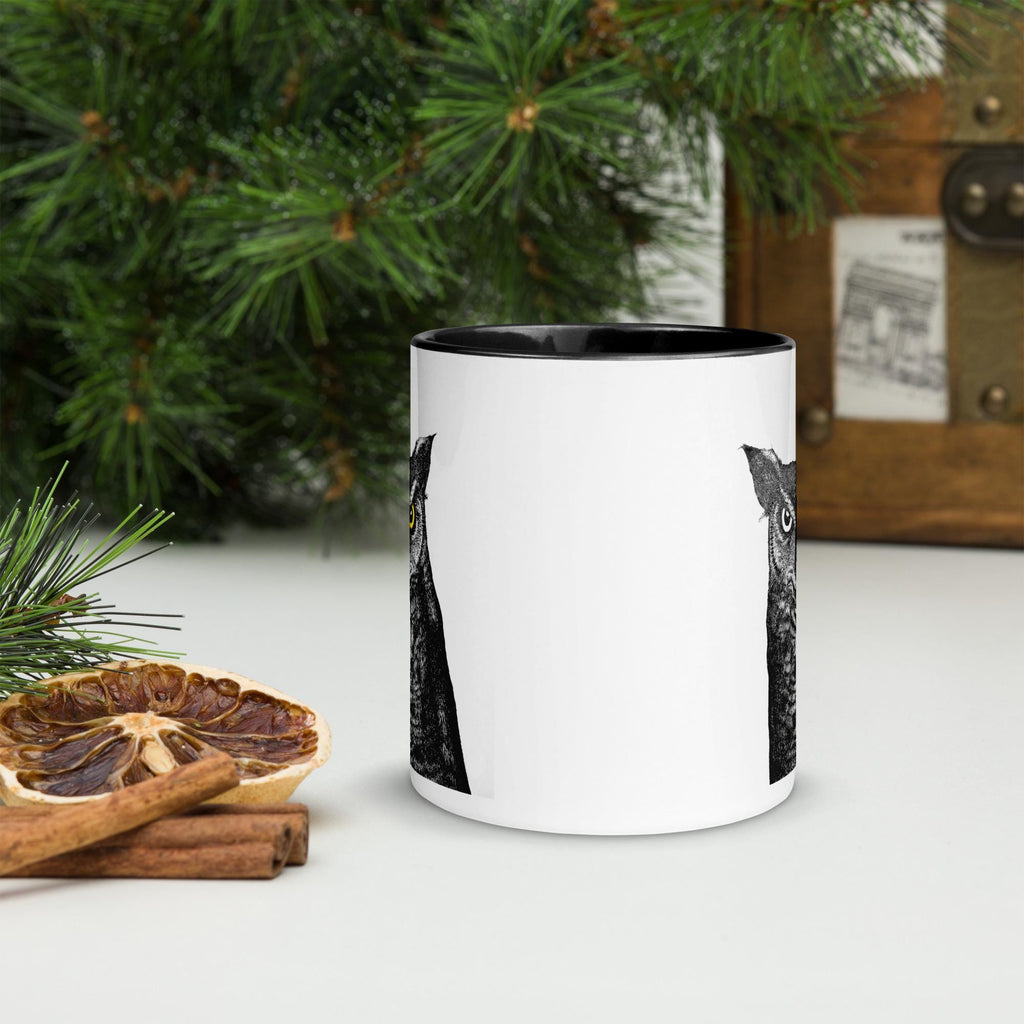 Horned Owl Mug Hand Drawn Ink Art Coffee Cup Featuring Great Horned Owl Black And White Illustration With Glowing Eyes - aGuyWithMSthatDraws