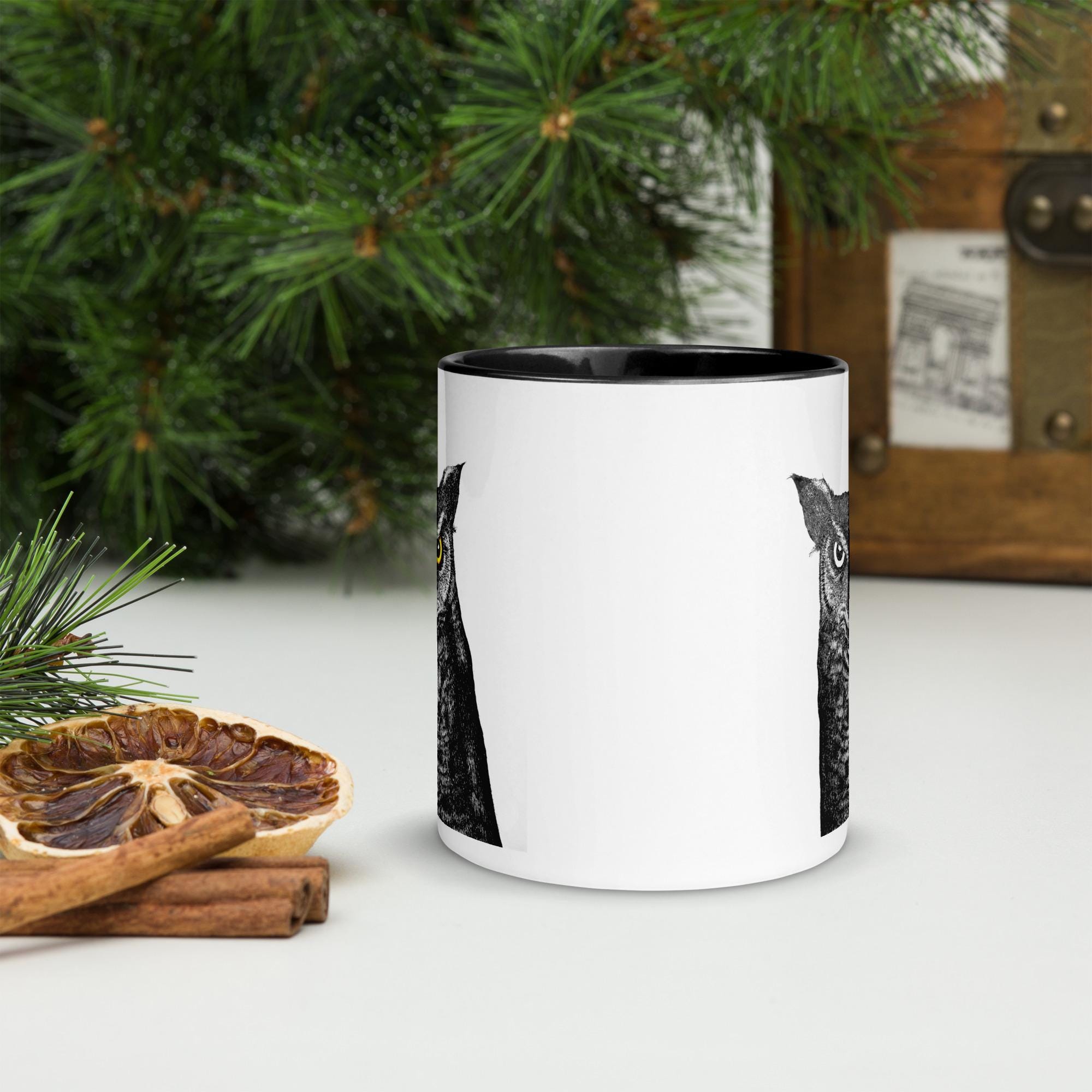 Horned Owl Mug Hand Drawn Ink Art Coffee Cup Featuring Great Horned Owl Black And White Illustration With Glowing Eyes - aGuyWithMSthatDraws