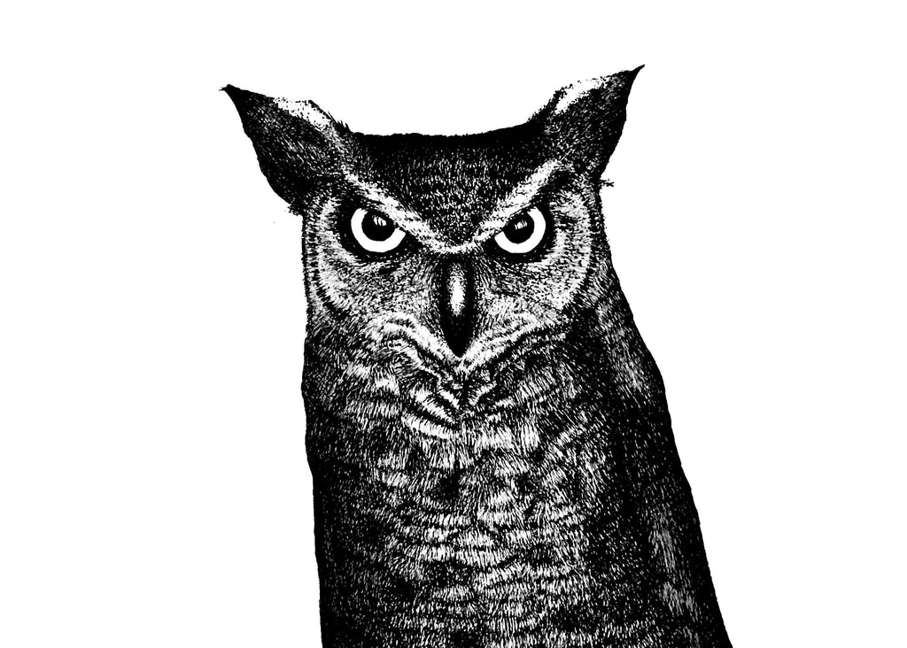 Horned Owl Mug Hand Drawn Ink Art Coffee Cup Featuring Great Horned Owl Black And White Illustration With Glowing Eyes - aGuyWithMSthatDraws