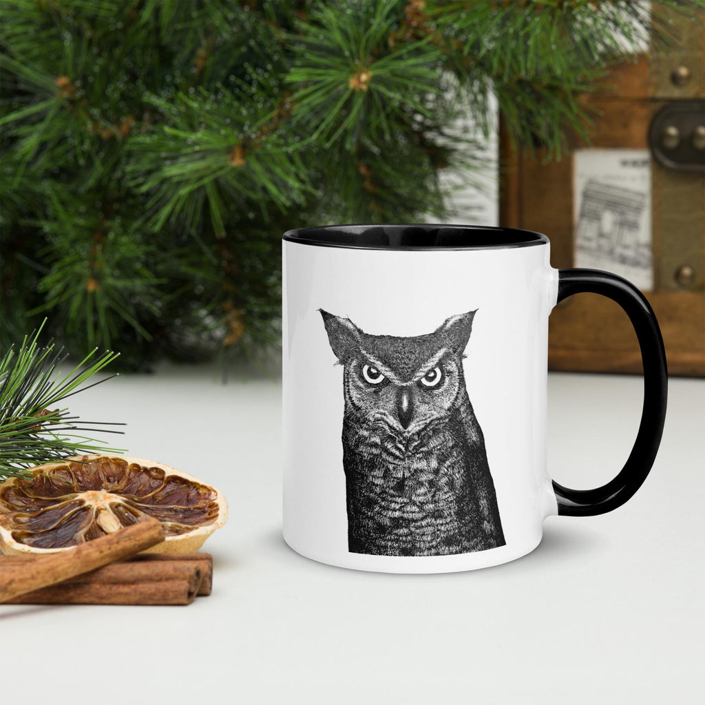 Horned Owl Mug Hand Drawn Ink Art Coffee Cup Featuring Great Horned Owl Black And White Illustration With Glowing Eyes - aGuyWithMSthatDraws