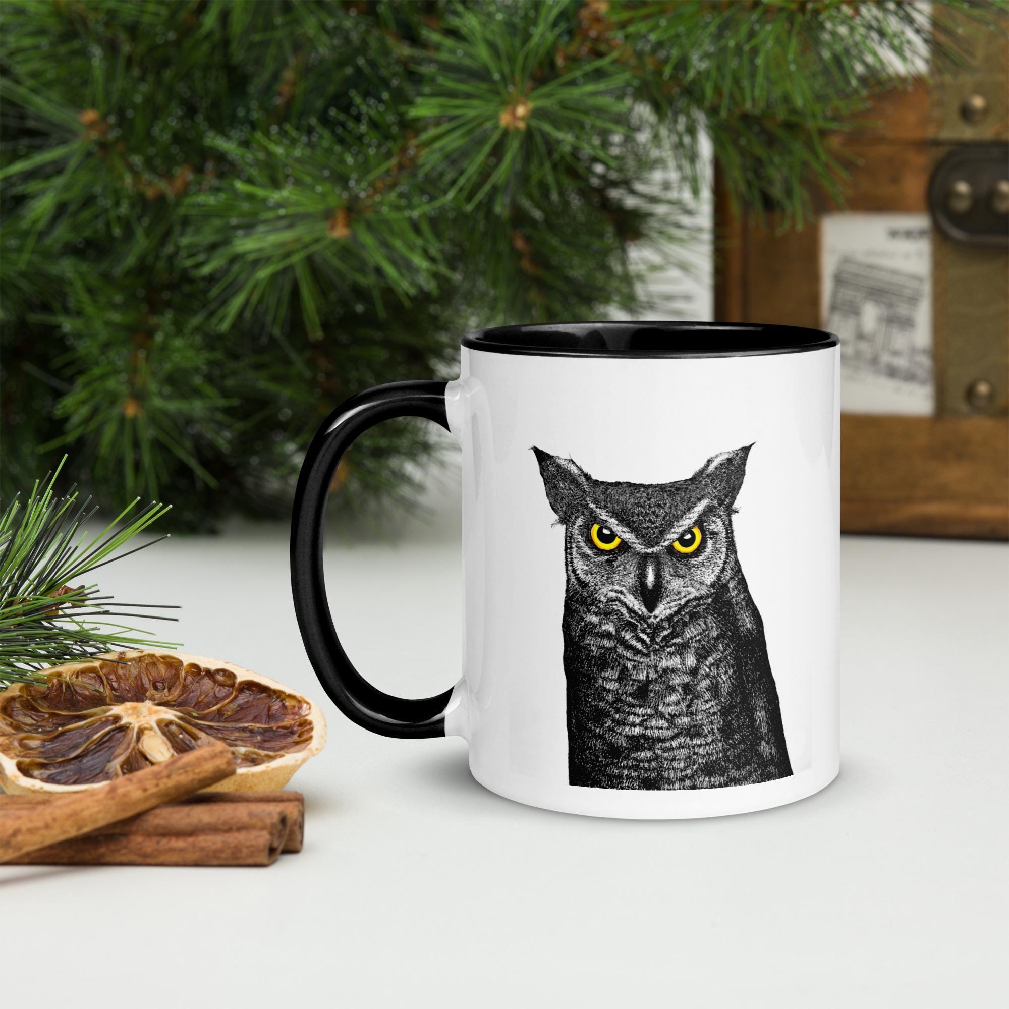 Horned Owl Mug Hand Drawn Ink Art Coffee Cup Featuring Great Horned Owl Black And White Illustration With Glowing Eyes - aGuyWithMSthatDraws