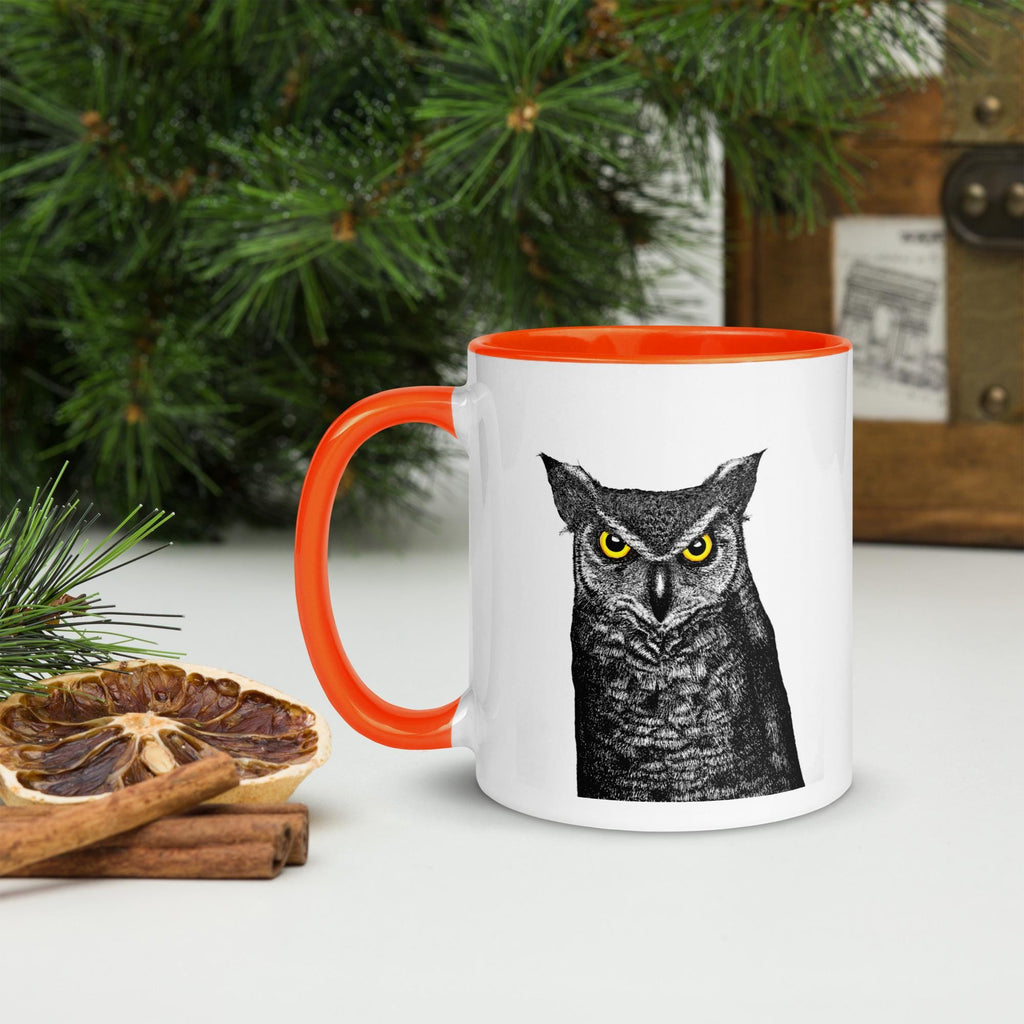 Horned Owl Mug Hand Drawn Ink Art Coffee Cup Featuring Great Horned Owl Black And White Illustration With Glowing Eyes - aGuyWithMSthatDraws