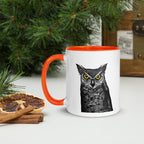 Horned Owl Mug Hand Drawn Ink Art Coffee Cup Featuring Great Horned Owl Black And White Illustration With Glowing Eyes - aGuyWithMSthatDraws