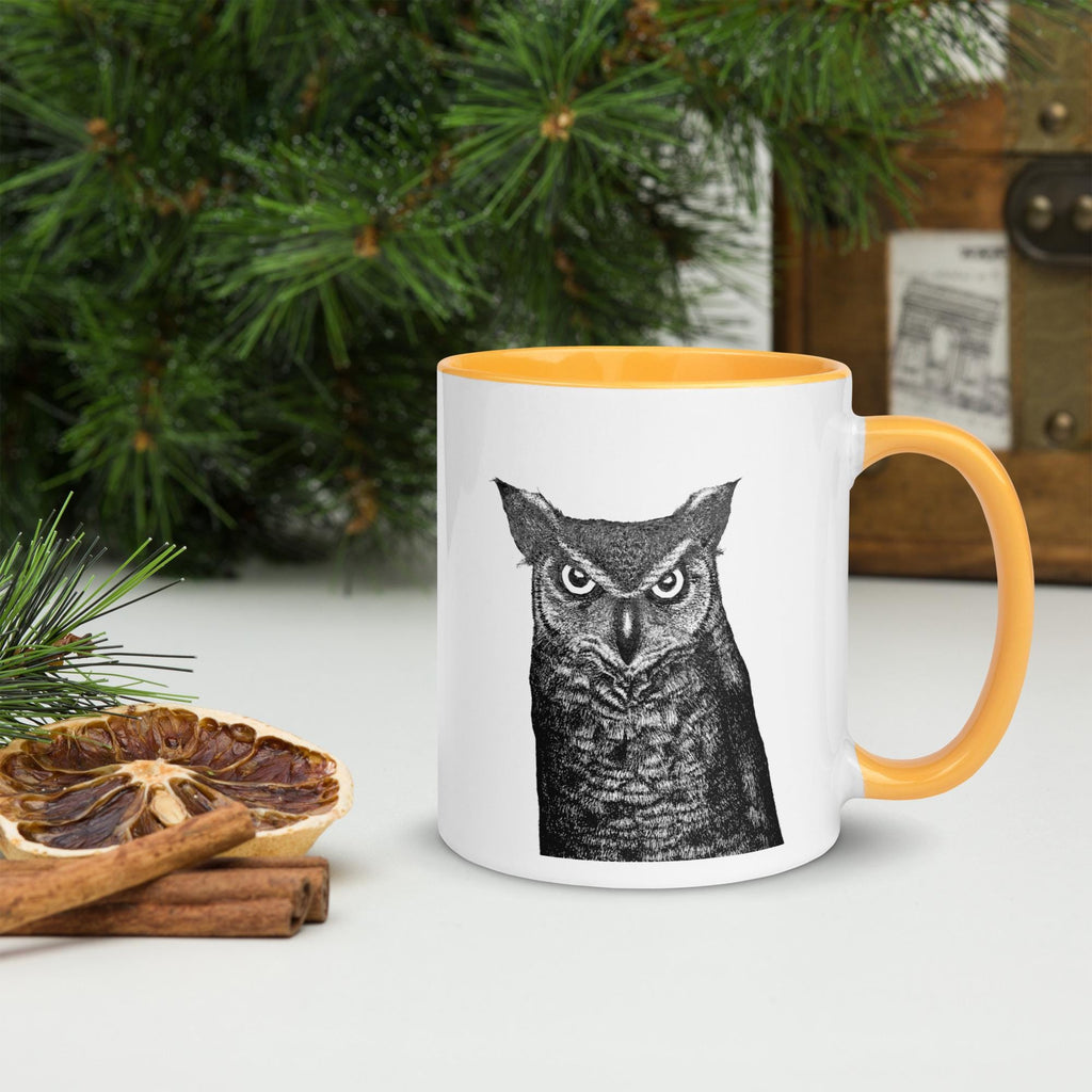 Horned Owl Mug Hand Drawn Ink Art Coffee Cup Featuring Great Horned Owl Black And White Illustration With Glowing Eyes - aGuyWithMSthatDraws