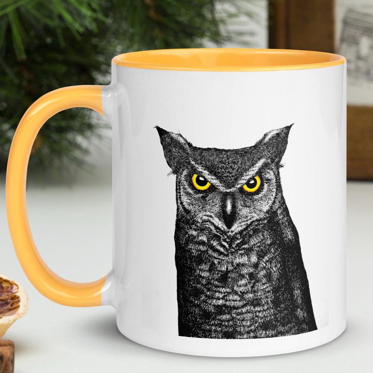 Horned Owl Mug Hand Drawn Ink Art Coffee Cup Featuring Great Horned Owl Black And White Illustration With Glowing Eyes - aGuyWithMSthatDraws
