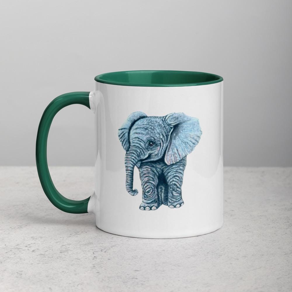 Pastel Elephant Art Mug Hand Drawn Ceramic Coffee Cup With Colorful Handle And Interior Options - aGuyWithMSthatDraws
