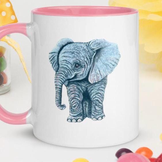 Pastel Elephant Art Mug Hand Drawn Ceramic Coffee Cup With Colorful Handle And Interior Options - aGuyWithMSthatDraws