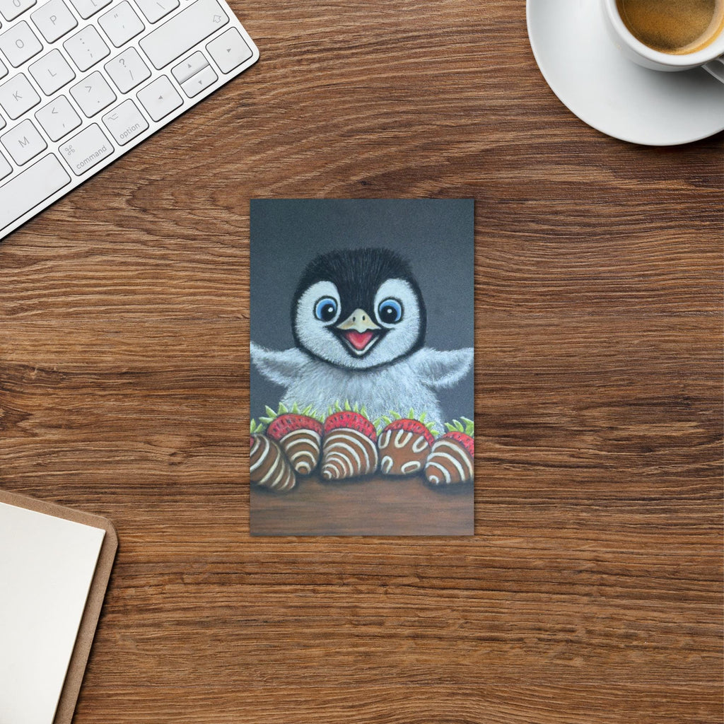 Pastel Pencil Baby Penguin With Strawberries Fine Art Blank Greeting Card Hand Drawn Illustration - aGuyWithMSthatDraws