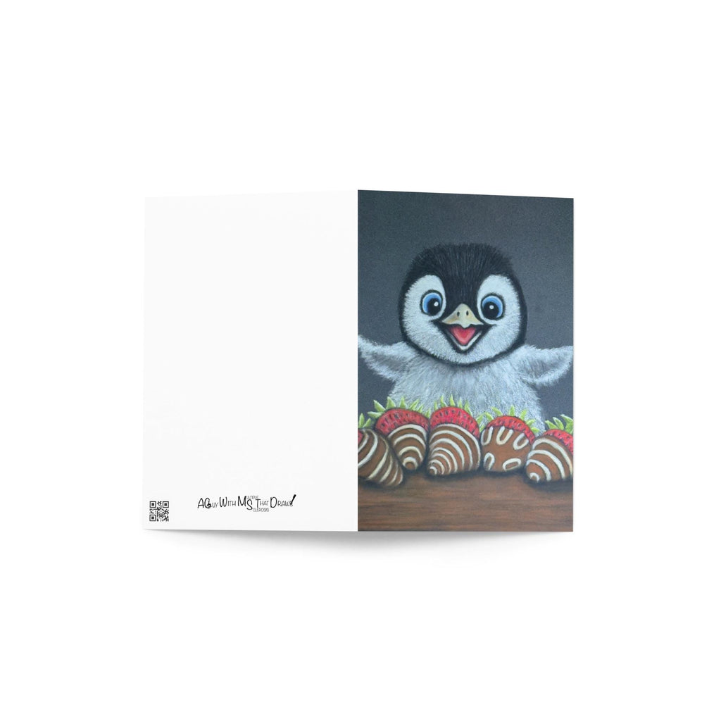 Pastel Pencil Baby Penguin With Strawberries Fine Art Blank Greeting Card Hand Drawn Illustration - aGuyWithMSthatDraws