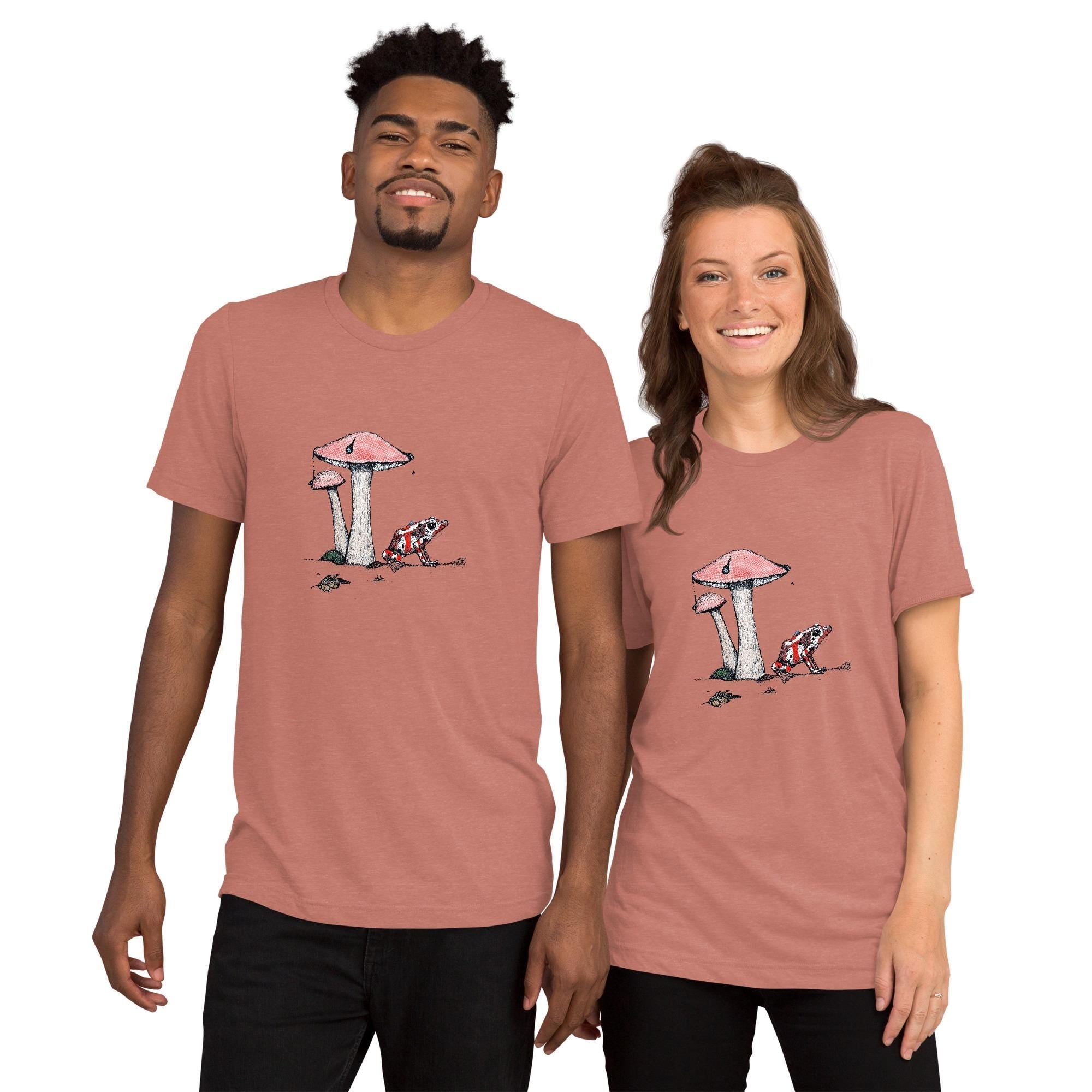Poison Dart Frog And Mushroom T Shirt Bella Canvas Tri Blend Nature Art By aGuyWithMSthatDraws Unisex Hand Drawn - aGuyWithMSthatDraws